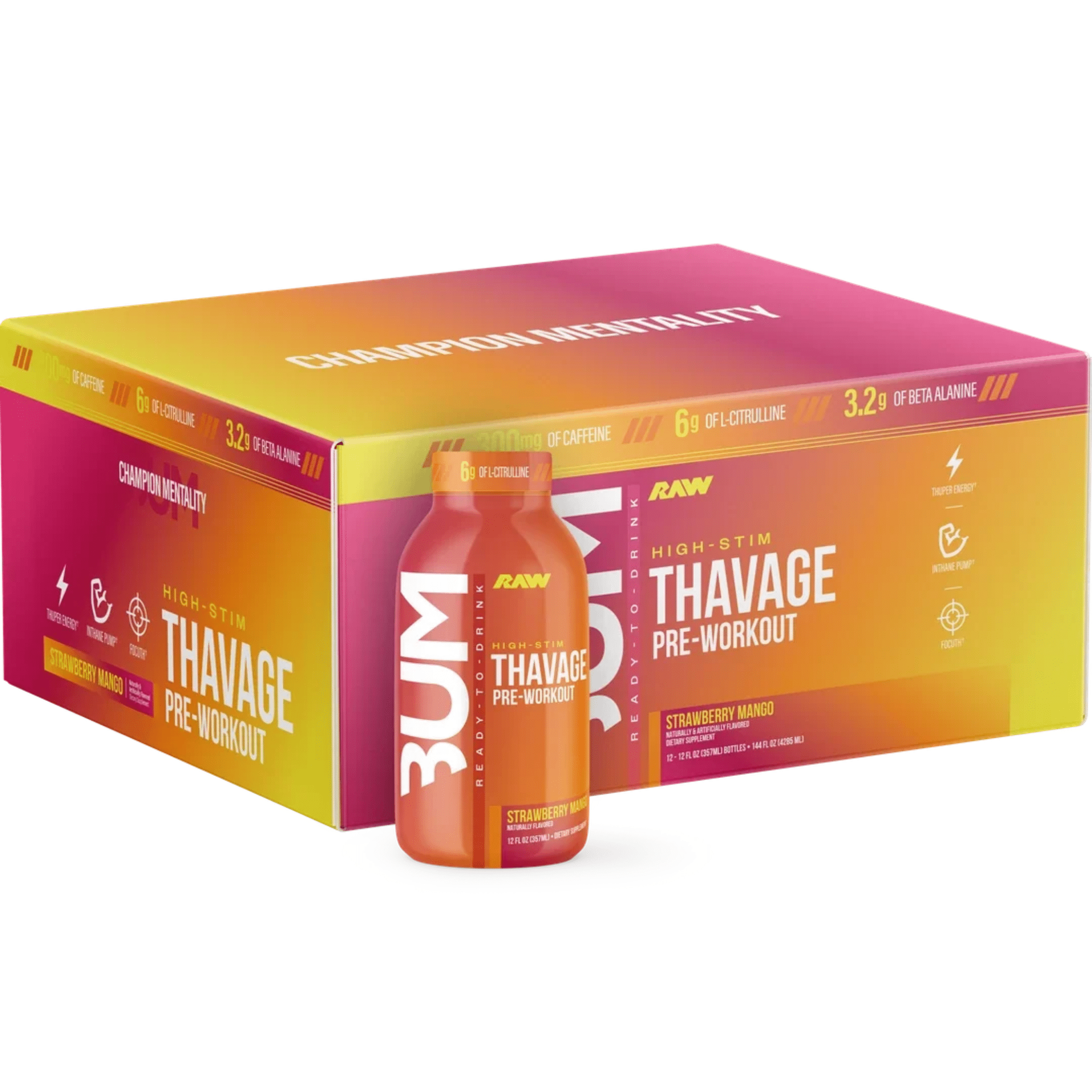 Raw Nutrition Thavage RTD pre-workout powder, 12ct size, Strawberry Mango flavor