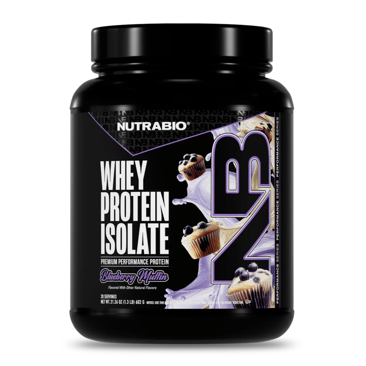 Nutra Bio 100% Whey Isolate protein powder, 20sv size, Blueberry Muffin flavor