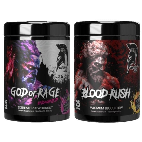 Centurion Labz Rage & Rush Stack protein powder, Grape flavor, Peach Rings flavor