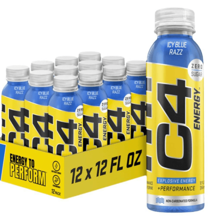 C4 Yellow Bottle RTD pre-workout powder, 12ct size, Blue Razz flavor