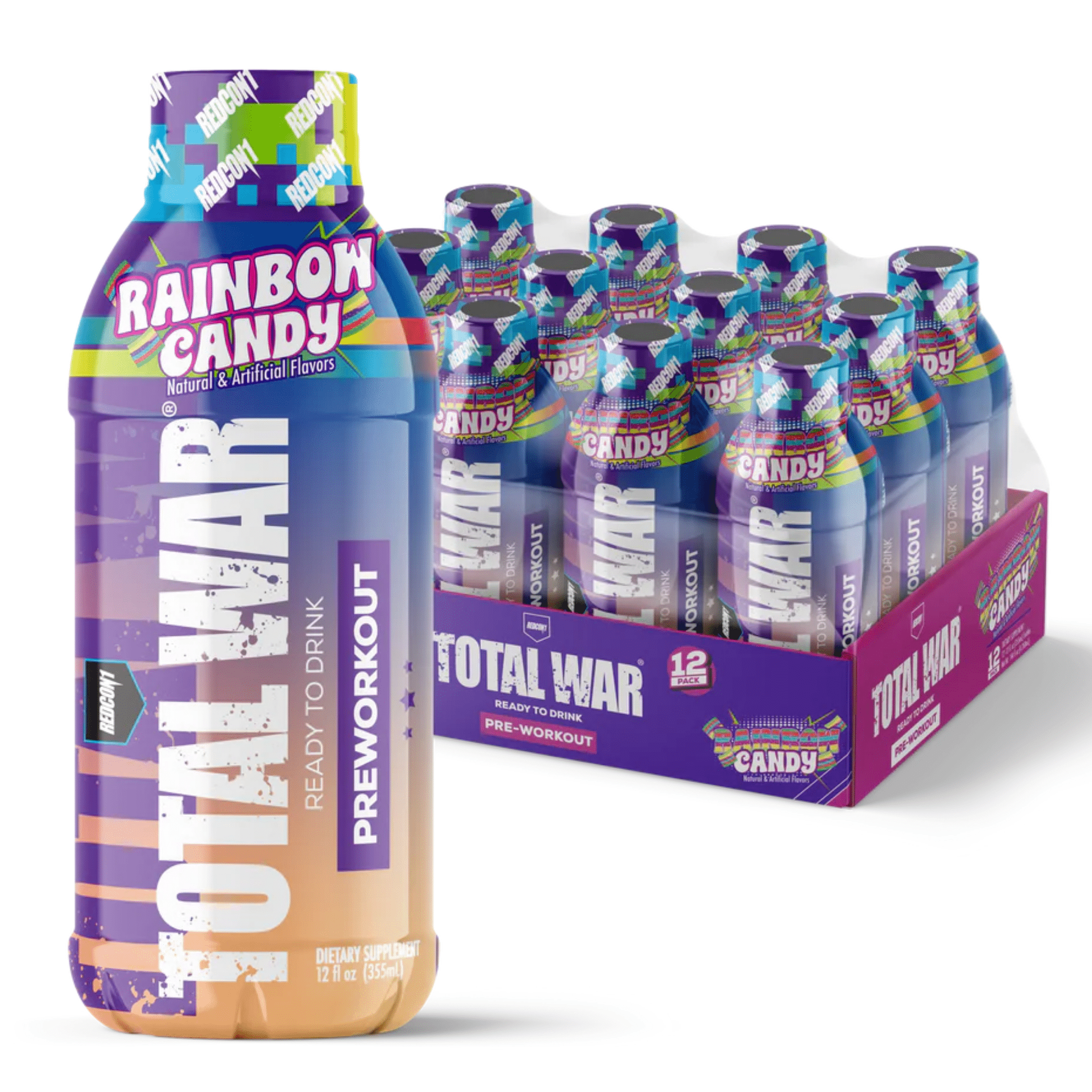 Total War RTD pre-workout powder, 12ct size, Rainbow Candy flavor