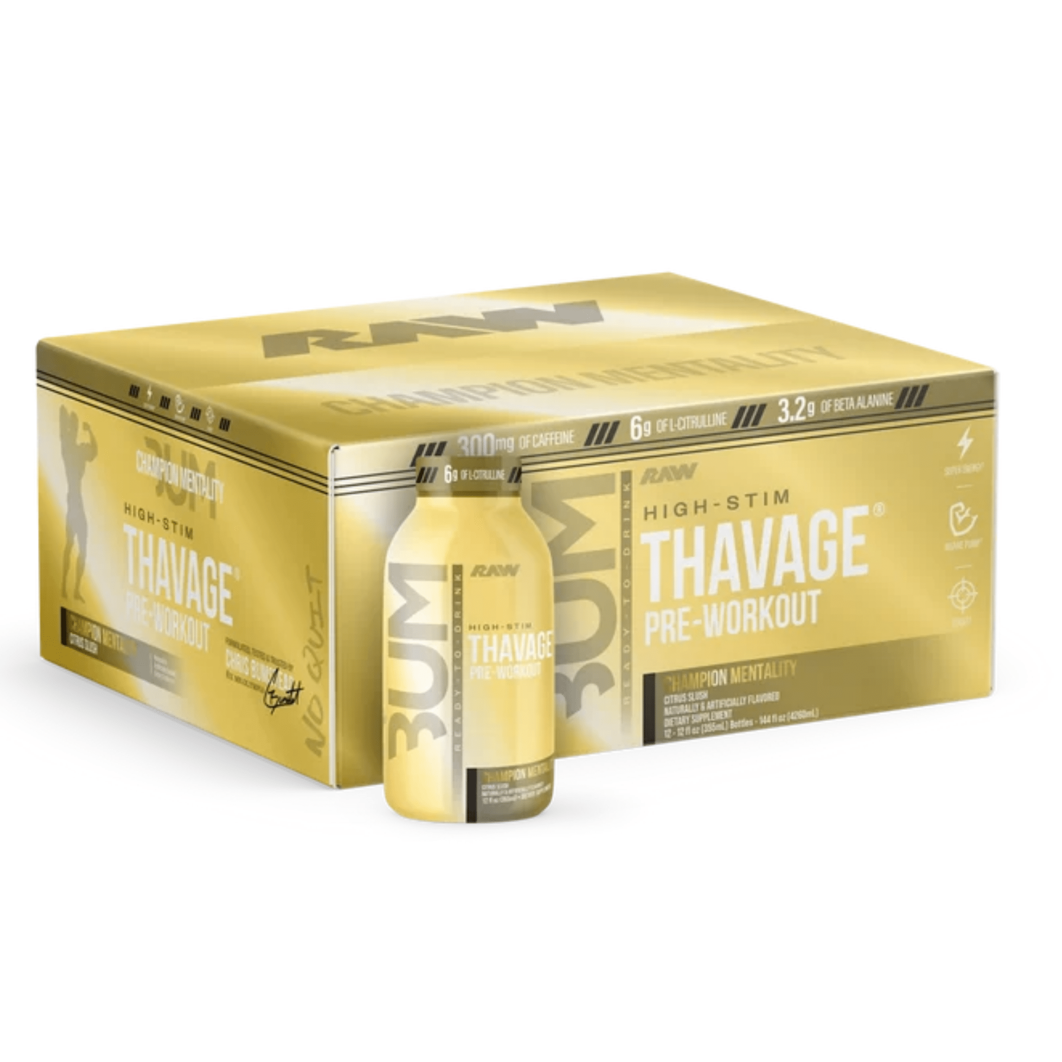 Raw Nutrition Thavage RTD pre-workout powder, 12ct size, Champion Mentality flavor