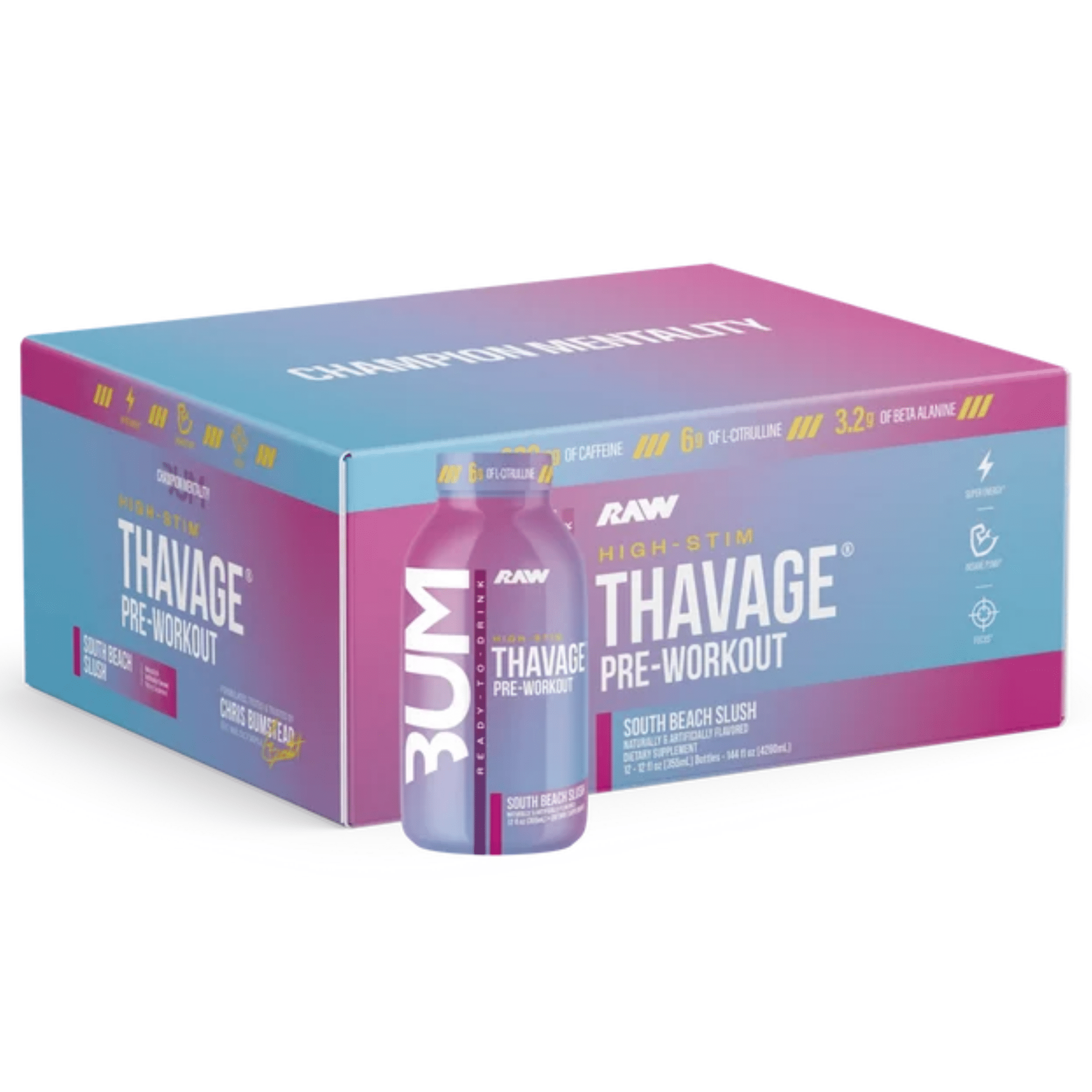 Raw Nutrition Thavage RTD pre-workout powder, 12ct size, South Beach Slush flavor