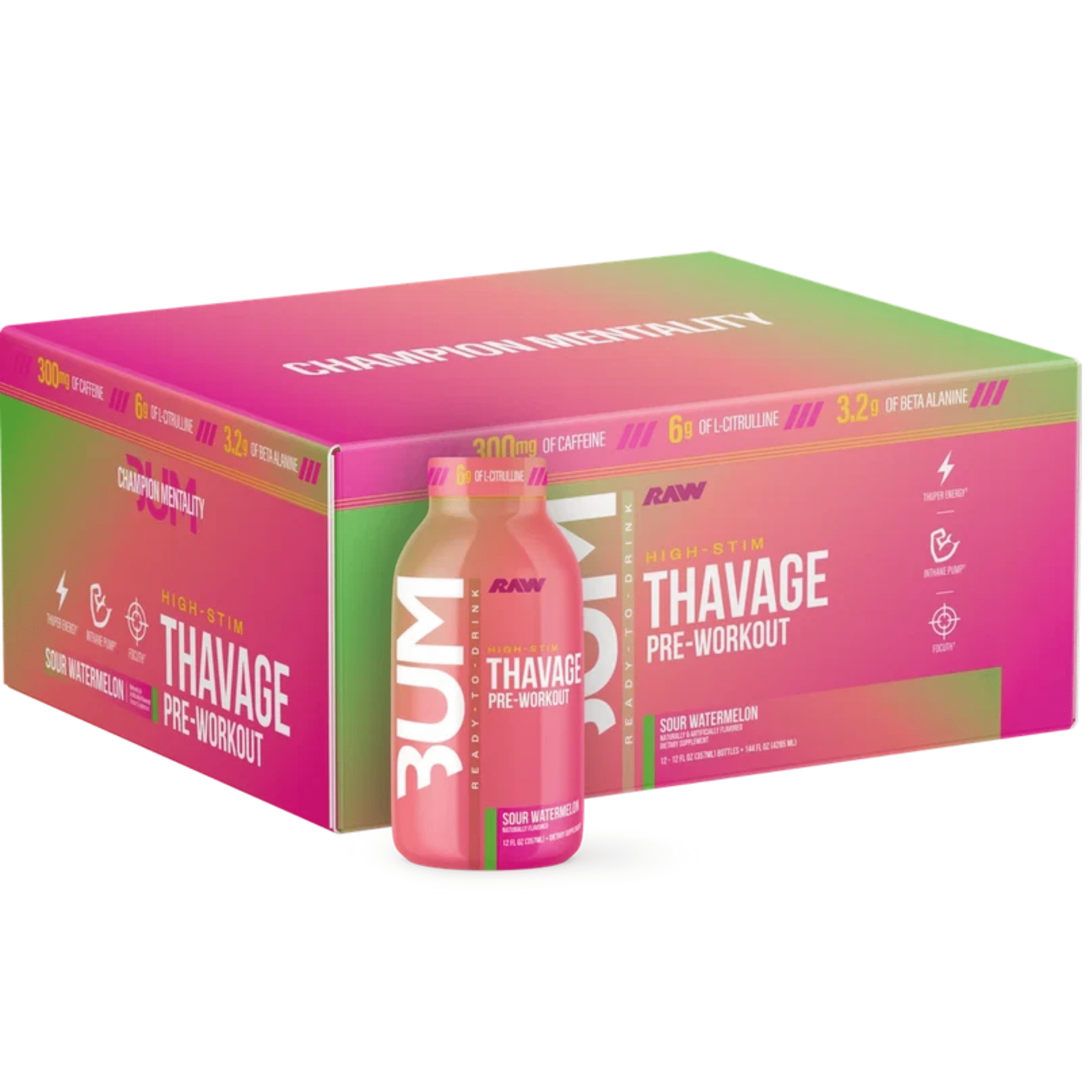 Raw Nutrition Thavage RTD pre-workout powder, 12ct size, Watermelon flavor