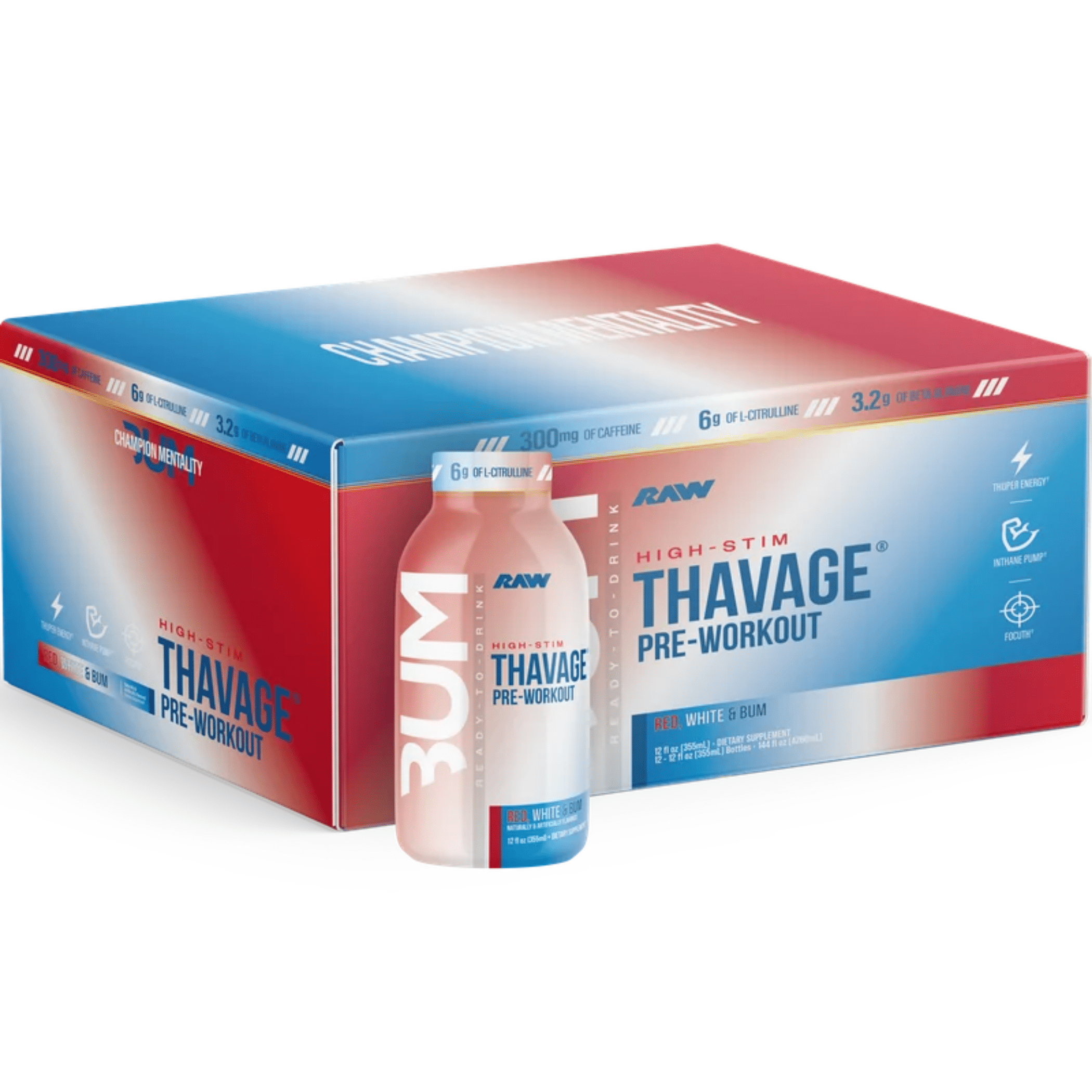 Raw Nutrition Thavage RTD pre-workout powder, 12ct size, Rocket Pop flavor