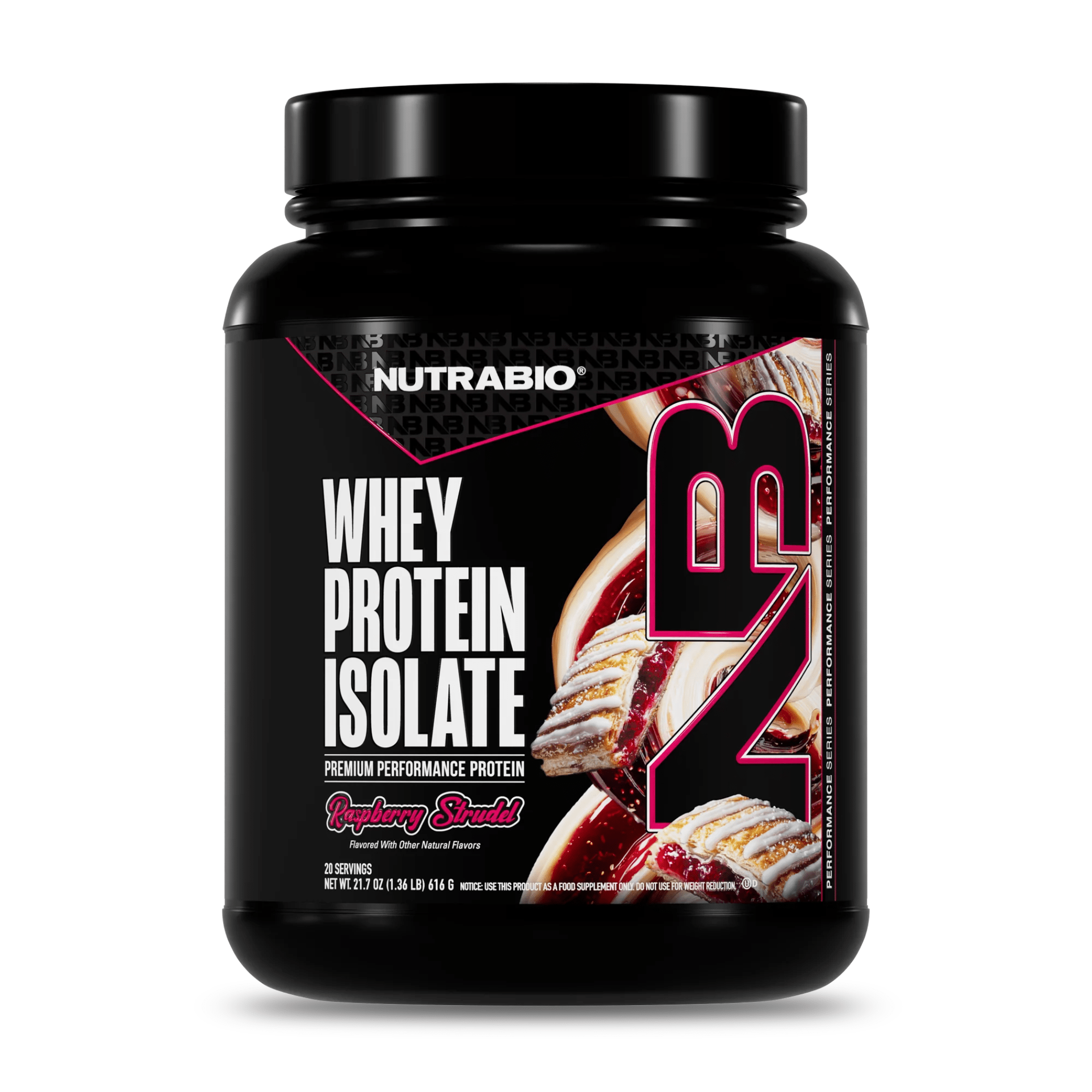 Nutra Bio 100% Whey Isolate protein powder, 20sv size, Raspberry Strudel flavor