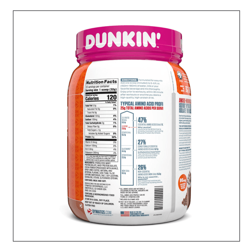 Back of Cappuccino Dymatize Iso 100 Dunkin' Donuts Editions Coalition Nutrition